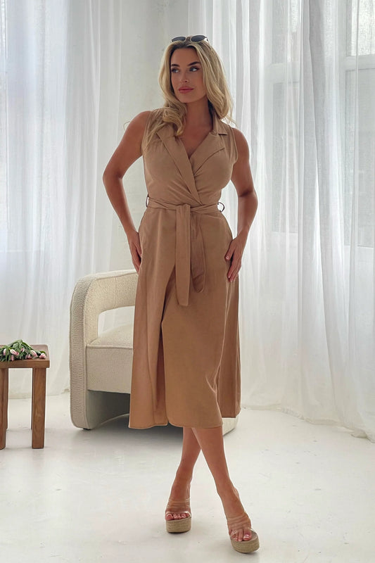 Callie Linen Blend Sleevless Tie Front Midi dress Neutral