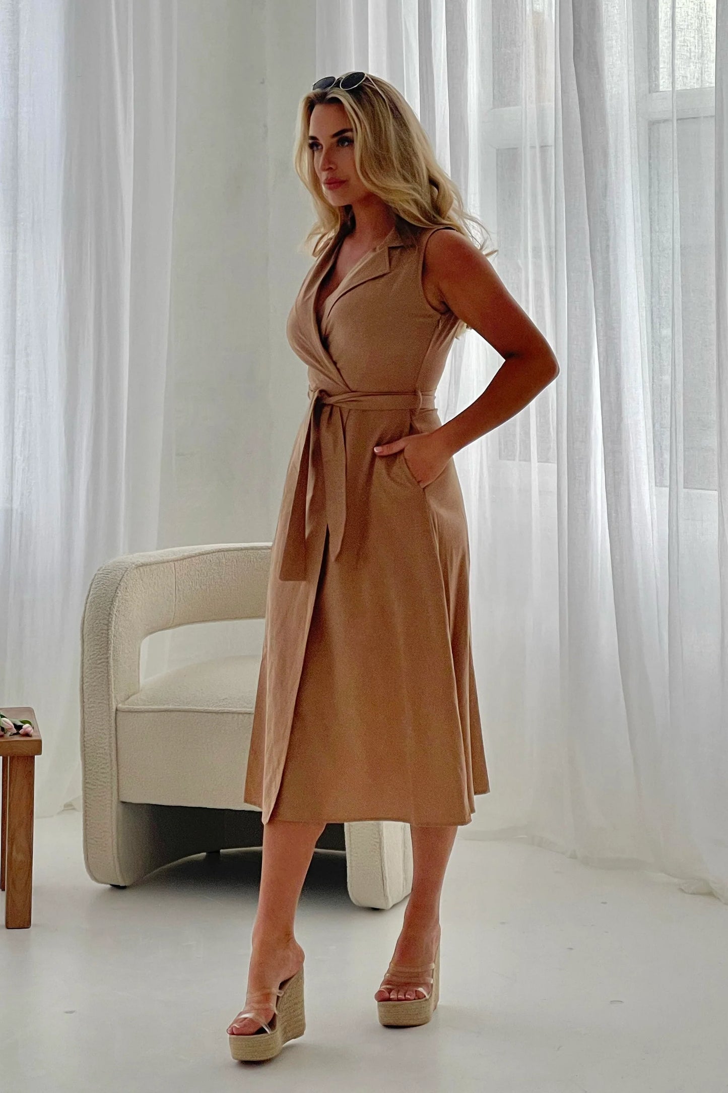Callie Linen Blend Sleevless Tie Front Midi dress Neutral