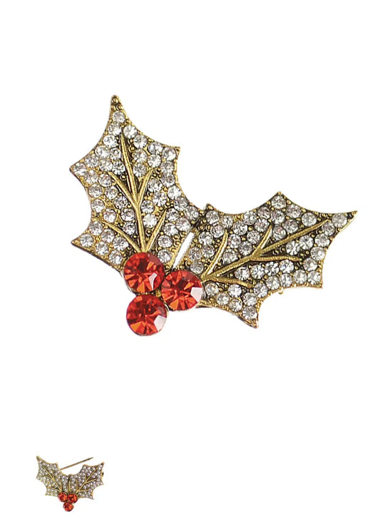 Holly & Berry Brooch - Antique Gold W/Clear & Red Crys