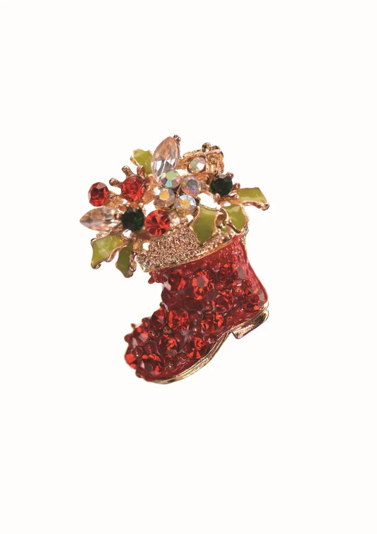 Santas Boot W/Festive Flowers - A.Gold/Red/Green