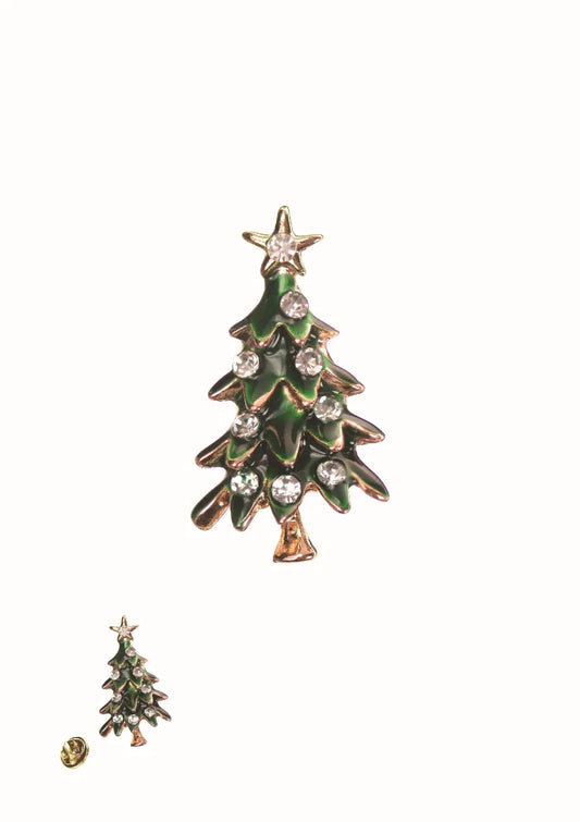 Mini Tree Pin - Gold/Grn Enamel/Clr Crystals