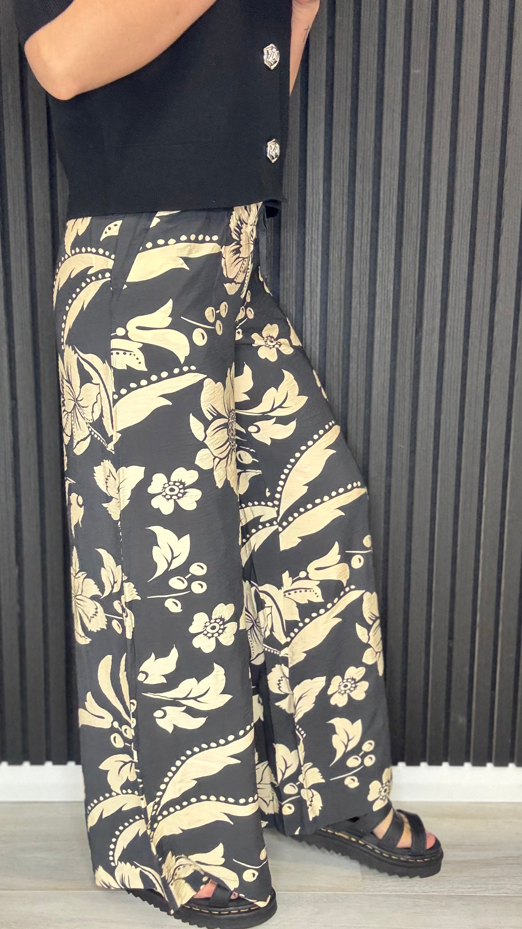 Troya Palazzo Trousers in crème floral print — wide leg co-ord trousers front vie