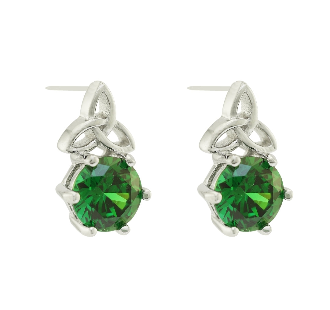 Celtic Trinity Knot Stud Earrings with Emerald Cubic Zirconia CS294