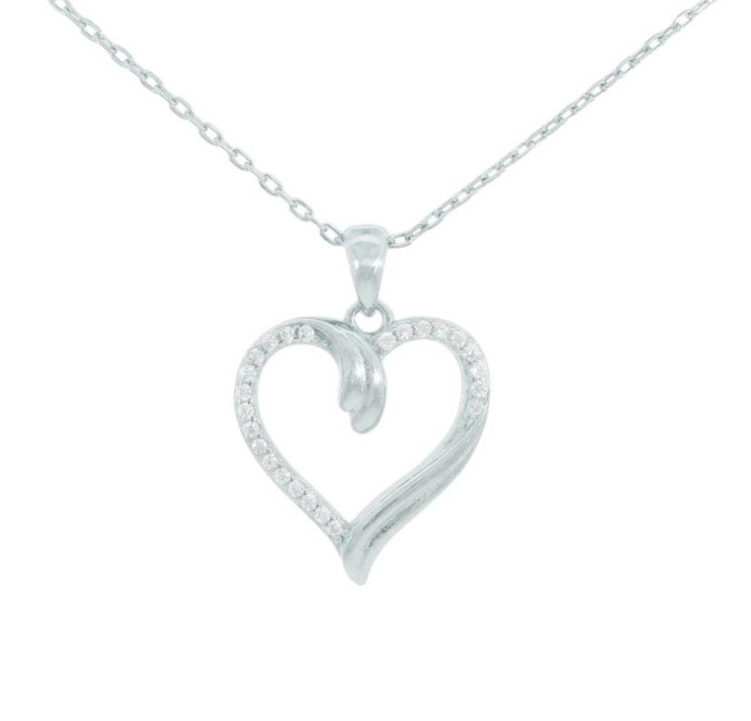 LARGE SILVER GLISTENING HEART NECKLACE L3281