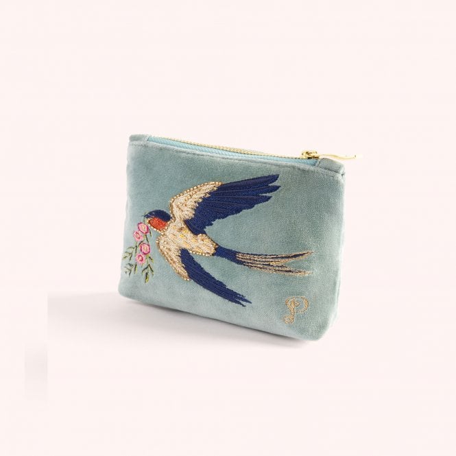 Swooping Swallows Velvet Mini Pouch - Ice Blue small