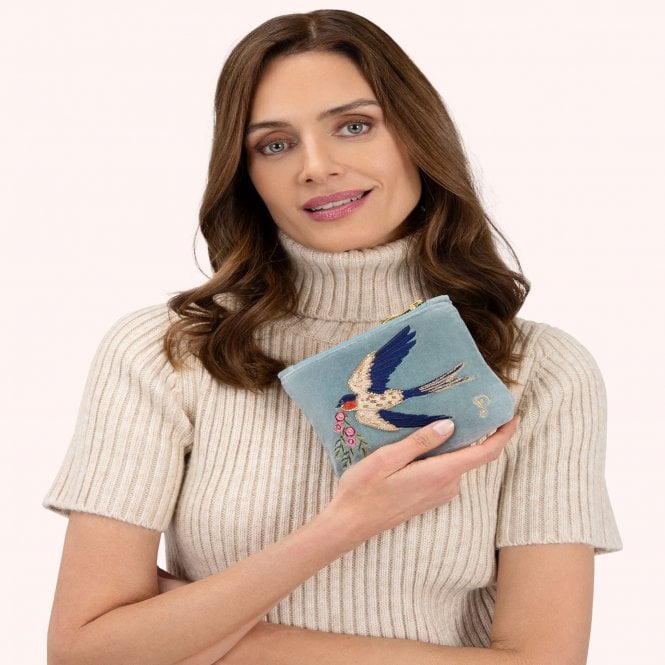 Swooping Swallows Velvet Mini Pouch - Ice Blue small