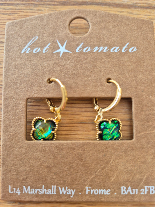 Gold blue green iridescent clover drop earring