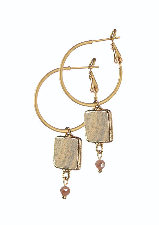 Stone Square Captured on Hoop Earring - Gold/King Jasper