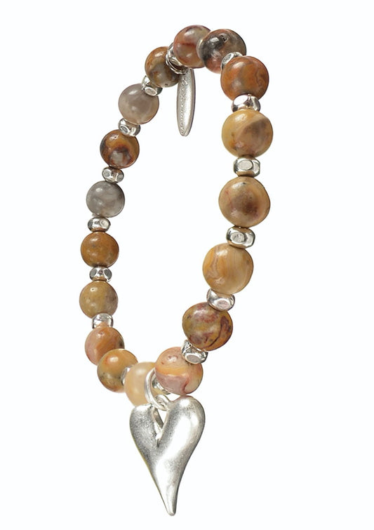 Heart Drop on Stone Beads - Worn Silver/Crazy Agate Bracelet