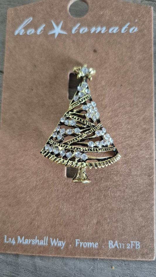 Christmas Tree Brooch - Antique Gold W/Clear Crys