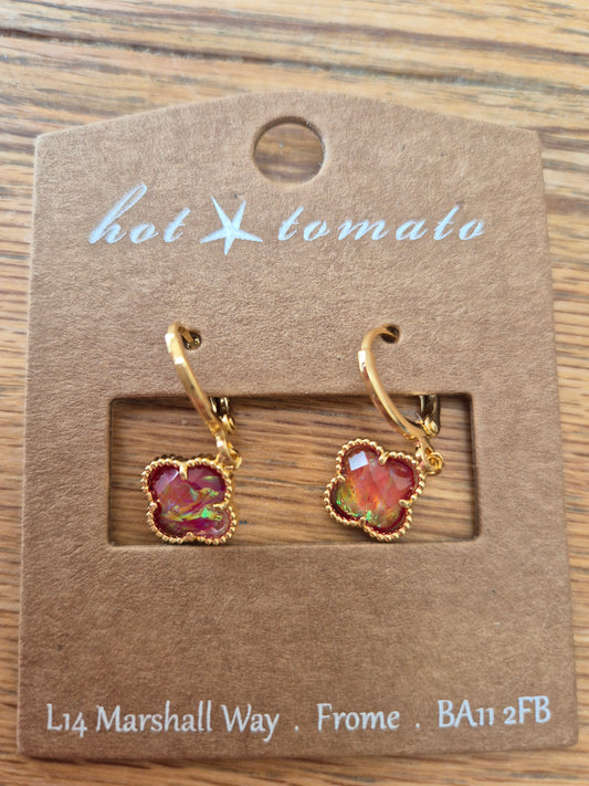 Gold ruby iridescent clover drop earring