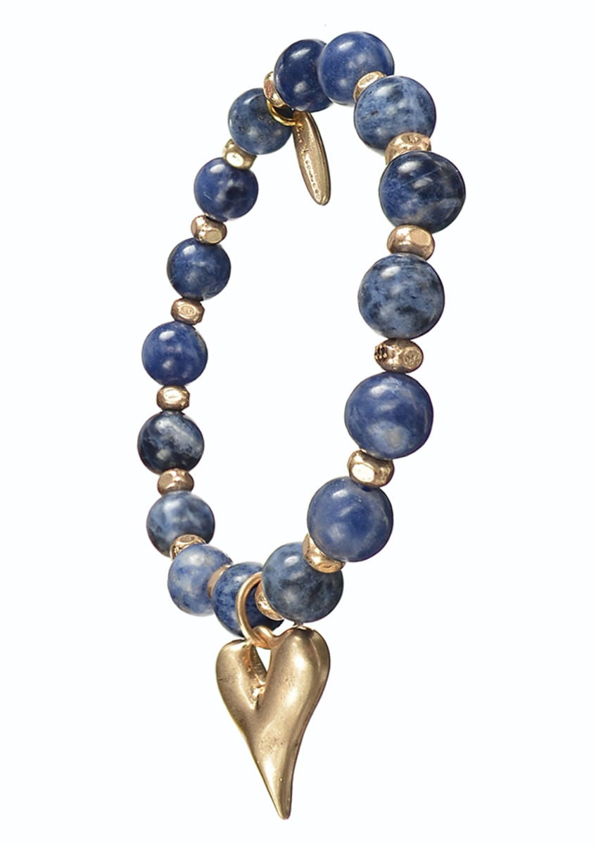 Heart Drop on Stone Beads - Worn Gold/Peruvian Sodalite bracelet