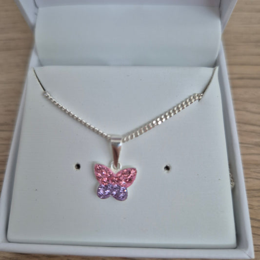 Pink and purple diamante BUTTERFLY necklace D193