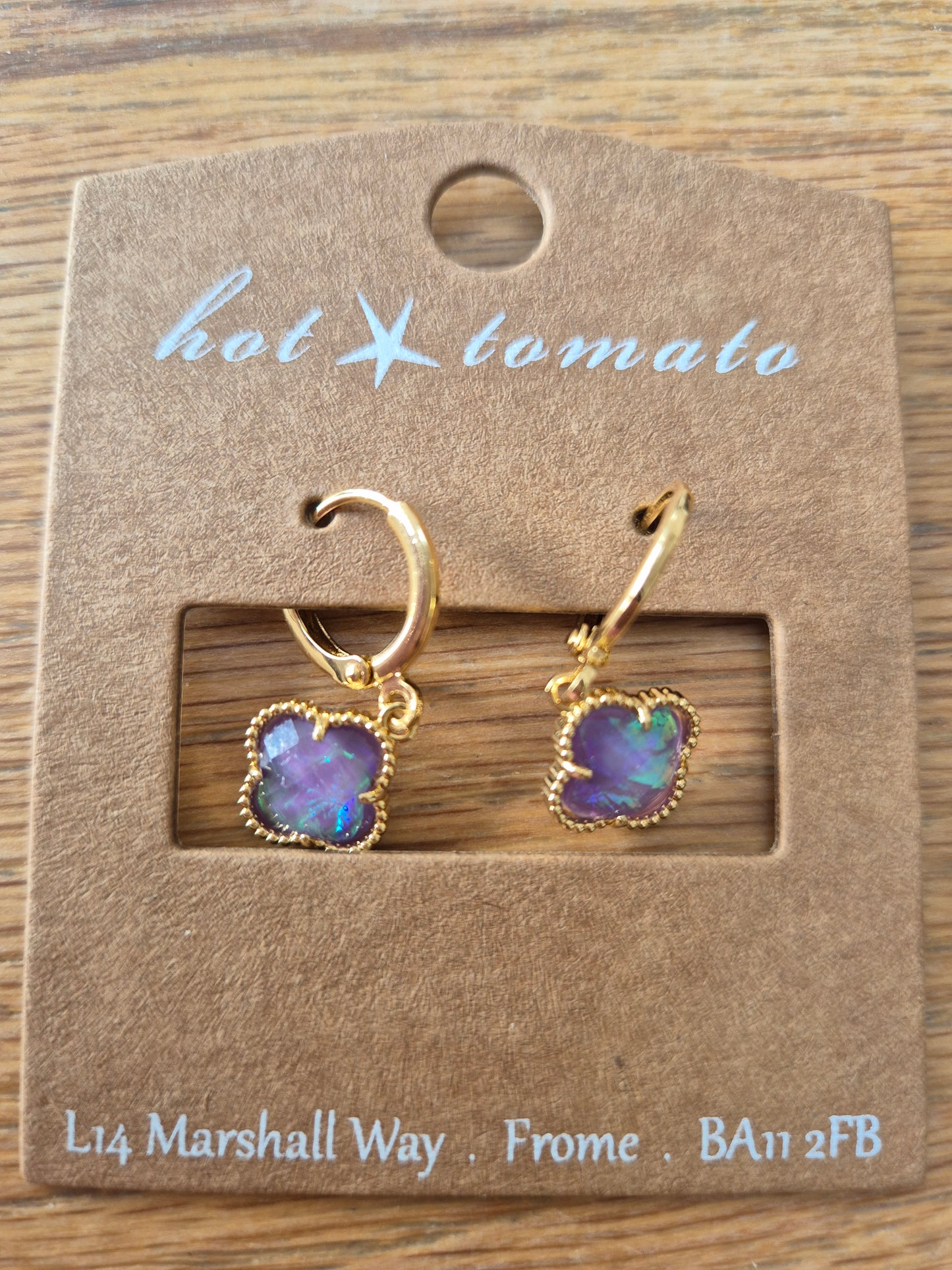 Gold purple iridescent clover drop earring