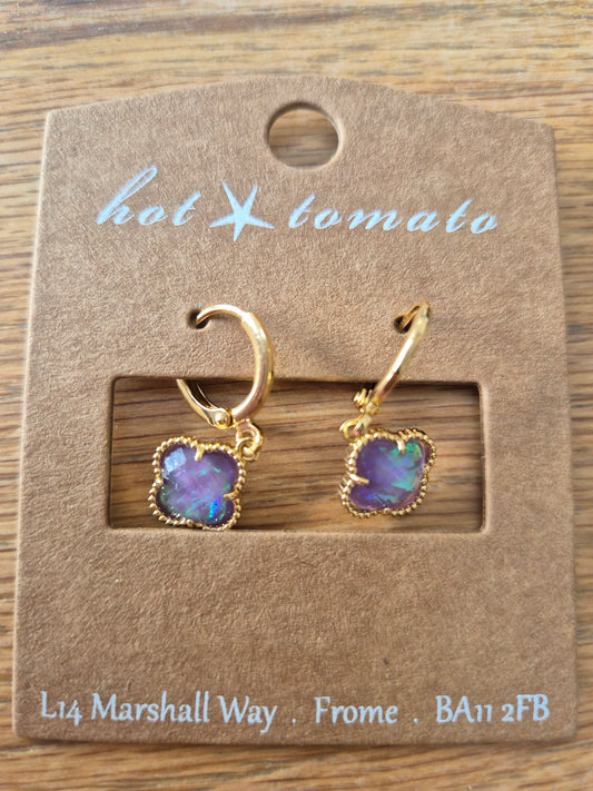 Gold purple iridescent clover drop earring