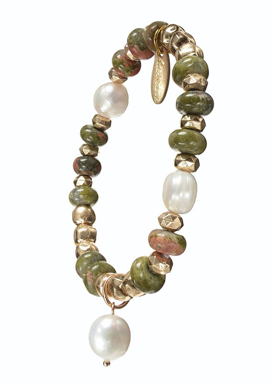 Stone & Pearl Blend W/Pearl Drop - Worn Gold/Unakite bracelet