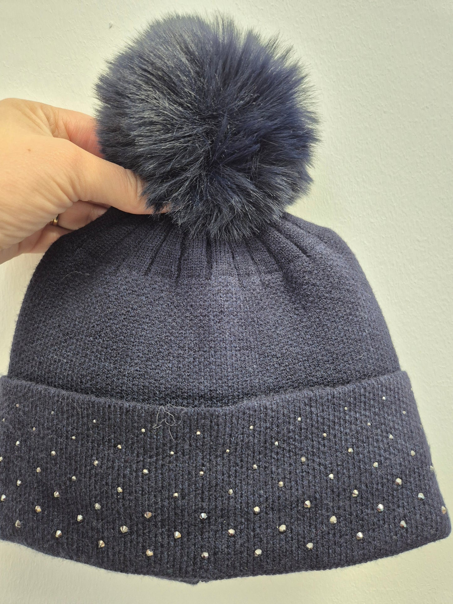 Navy embellished bobble hat