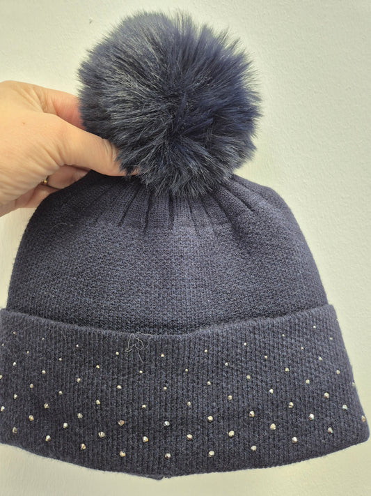 Navy embellished bobble hat