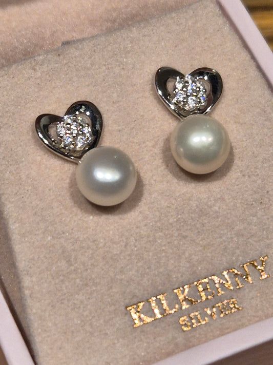 Heart pearl earrings with stone - silver E1967