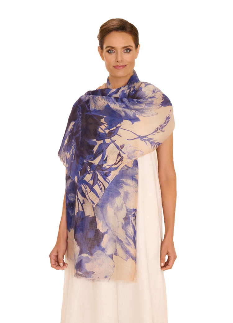 LINEN/COTTON SCARF - CHINA BLUE BLOOMS