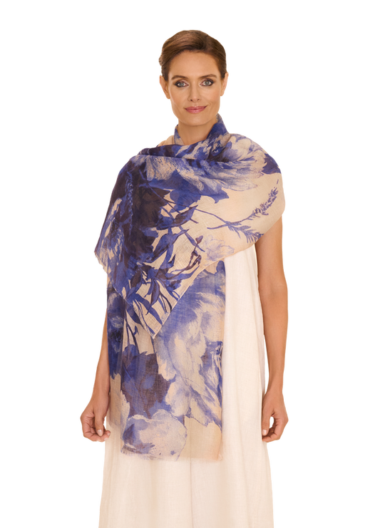 LINEN/COTTON SCARF - CHINA BLUE BLOOMS