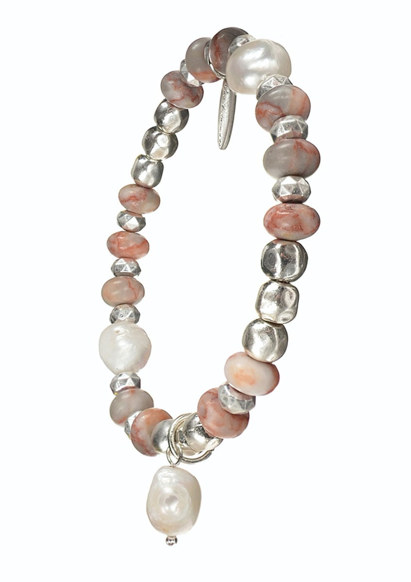 Stone & Pearl Blend W/Pearl Drop - Worn Silver/Daisy Jasper bracelet