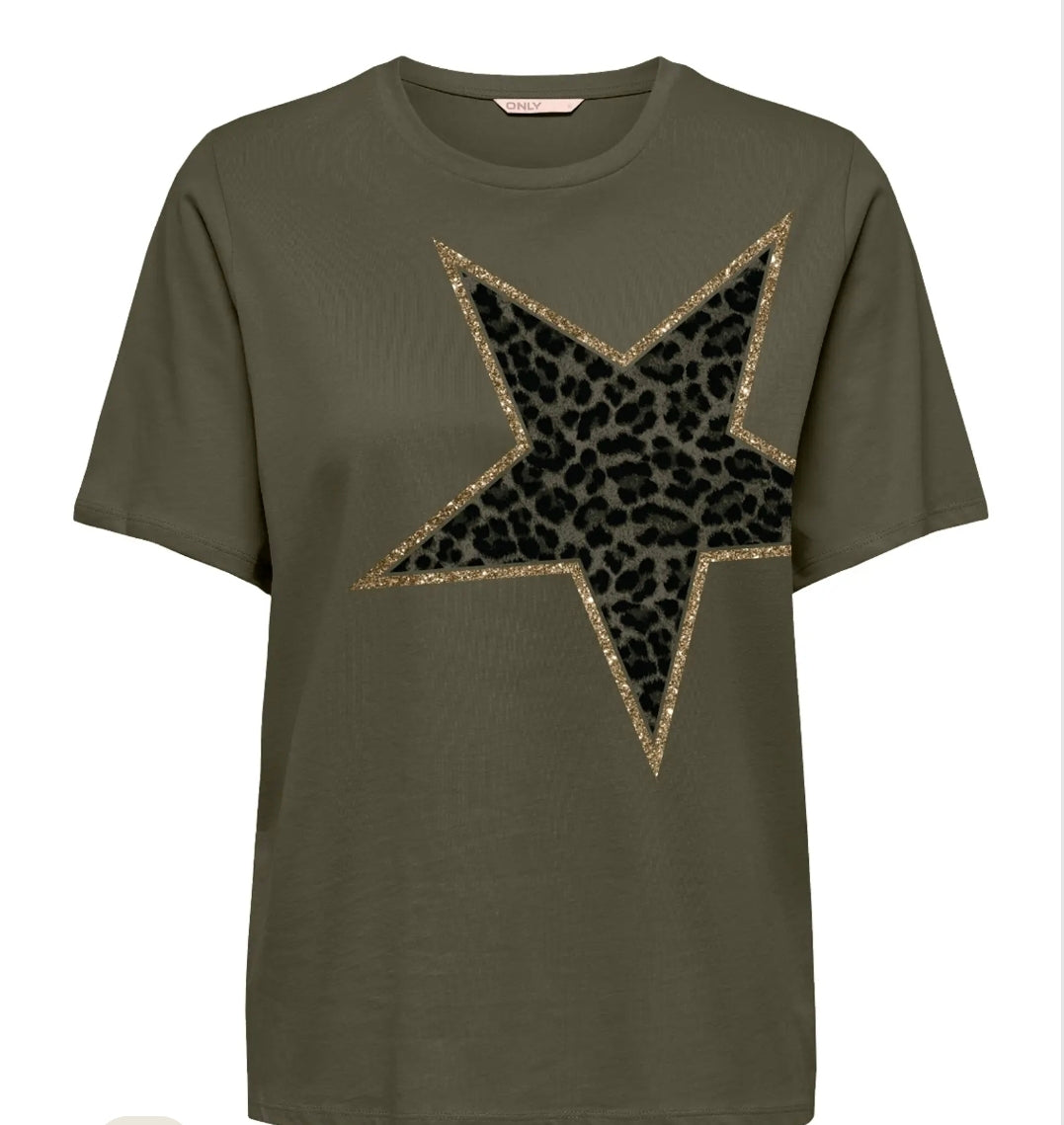 Clara khaki leopard print star tshirt
