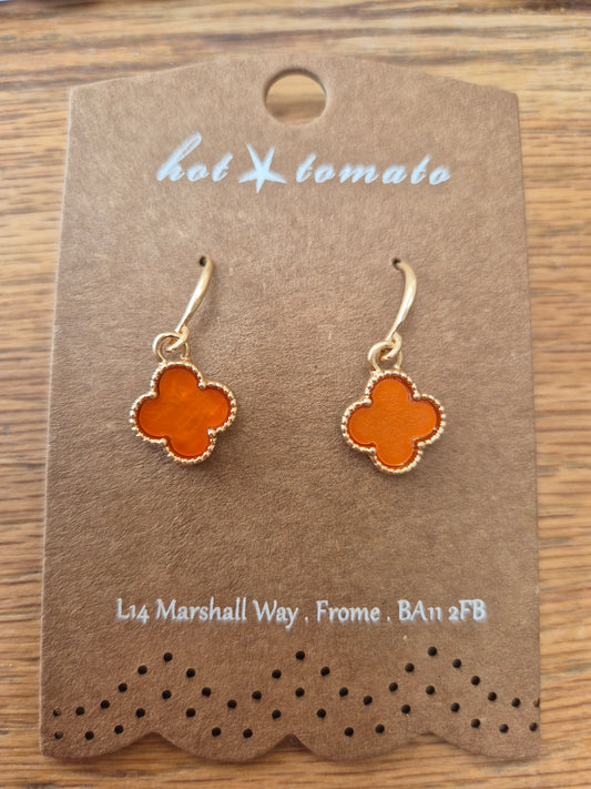 Gold orange iridescent clover drop earring