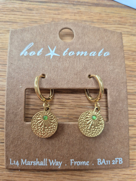 Emerald small stone and gold circle hoop earrings