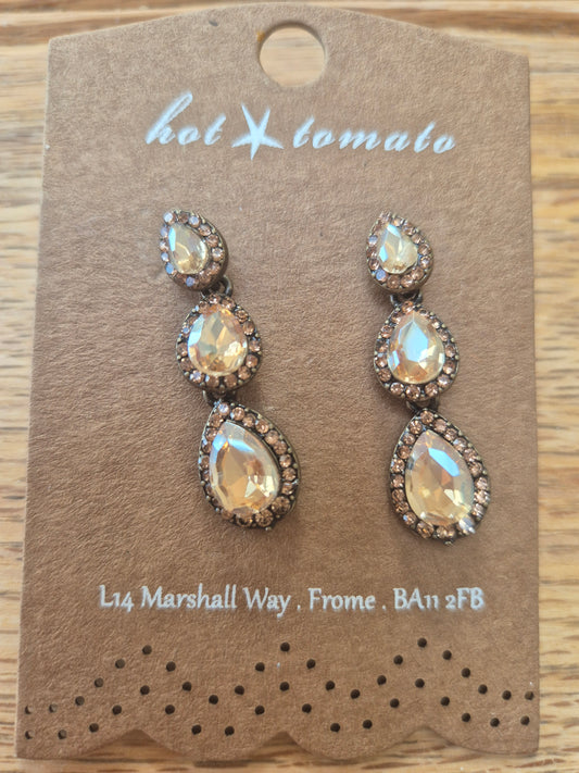 Pear Shaped Crystal Triptych Drops - Bronze / Champagne Earrings