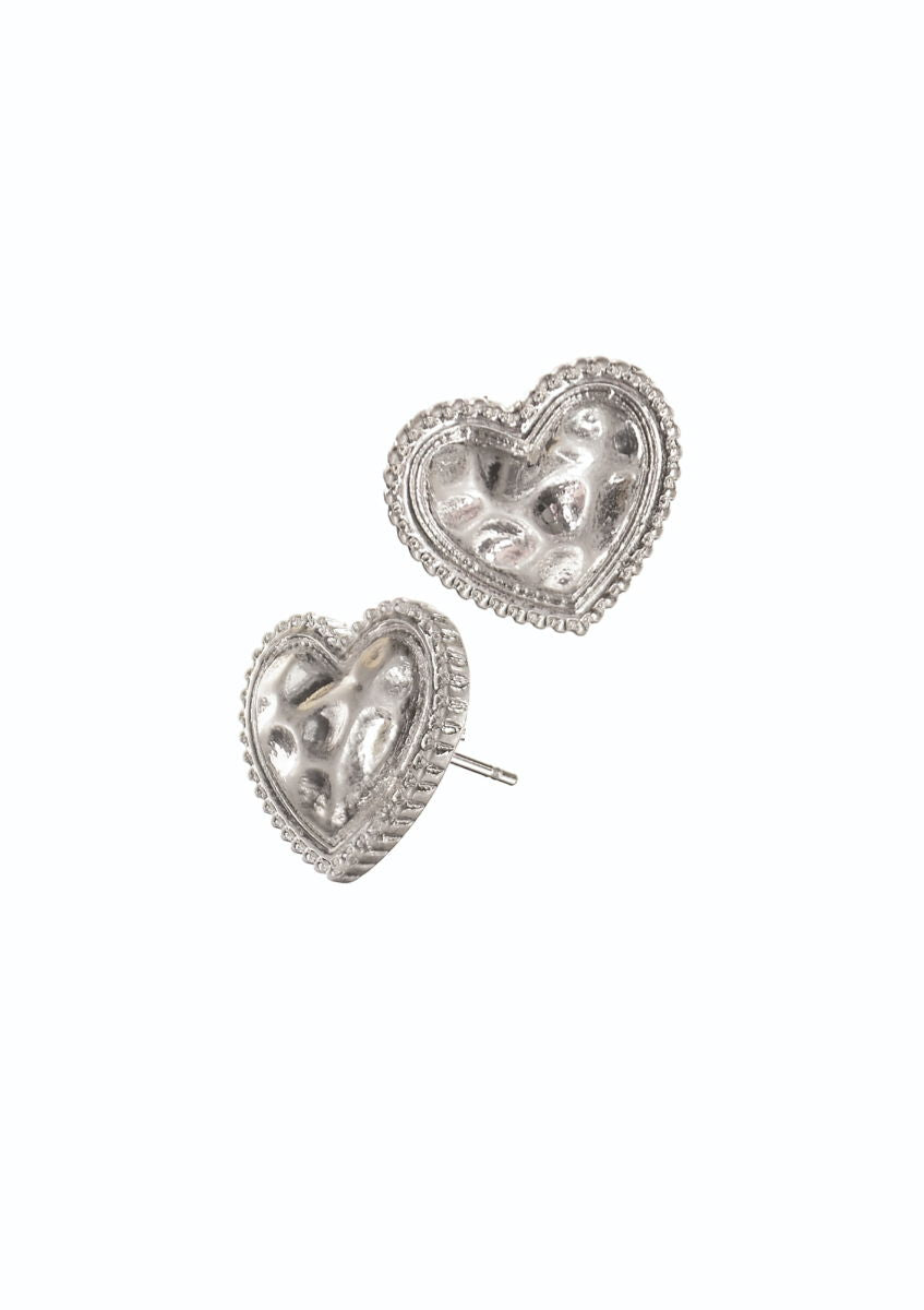 Textured Heart Studs - Worn Silver