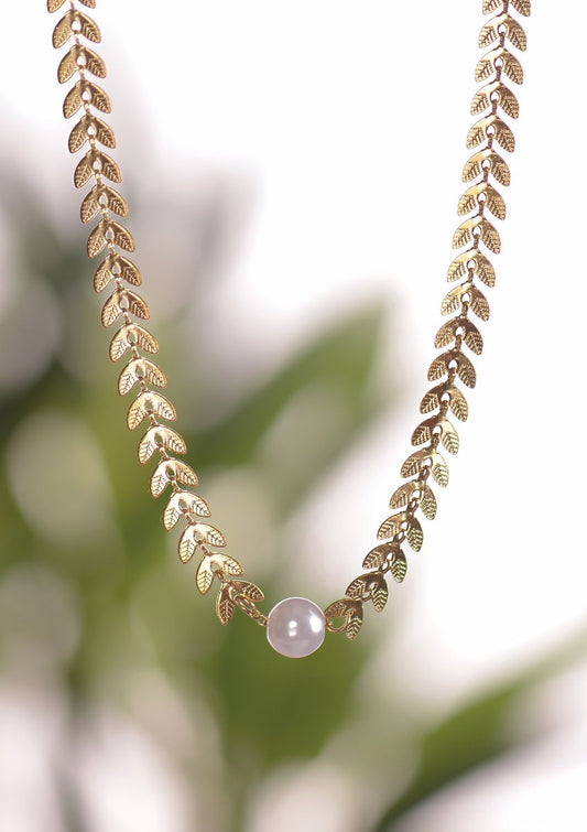 F.Water Pearl & Laurel - Stainless Steel W/18k Gold necklace