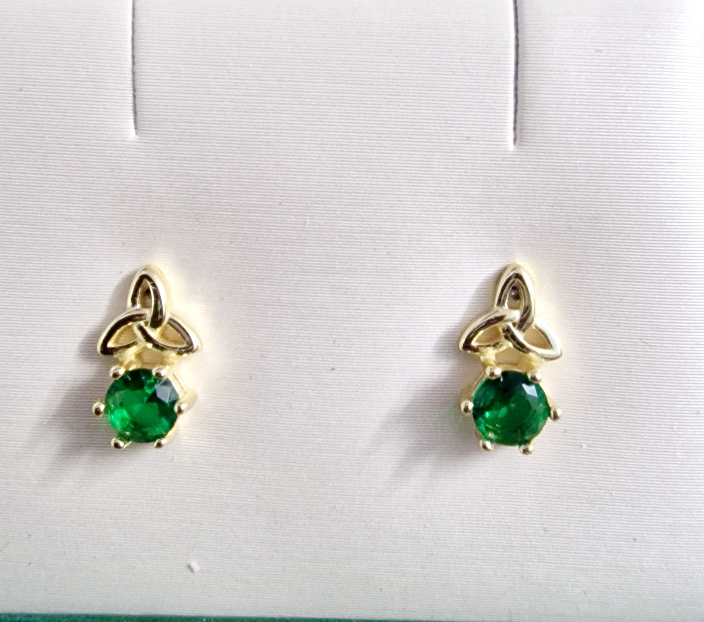 Gold Celtic Trinity Knot Stud Earrings with Emerald Stone