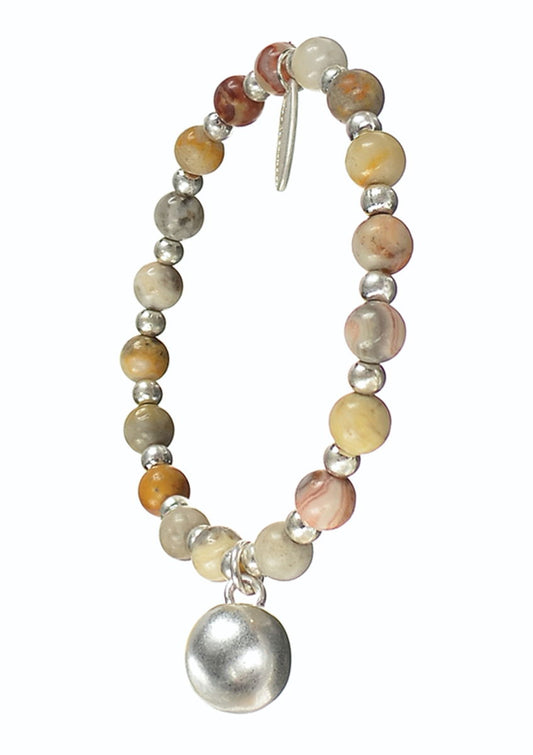 Ball Charm on Natural Stone - Worn Silver/Crazy Agate bracelet