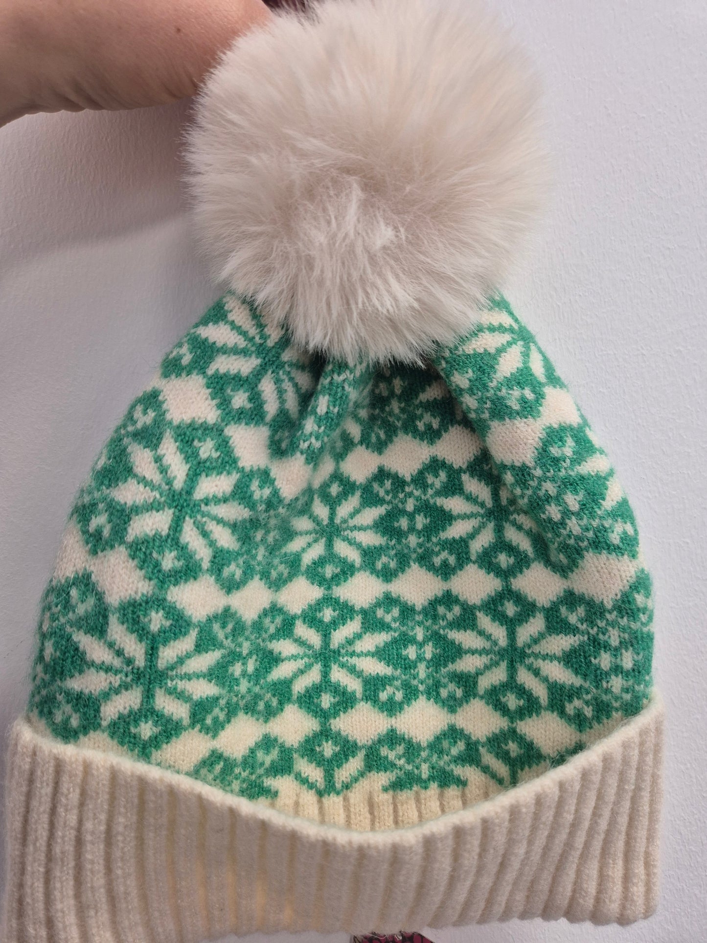 Bright green and cream mix scandi knit bobble hat