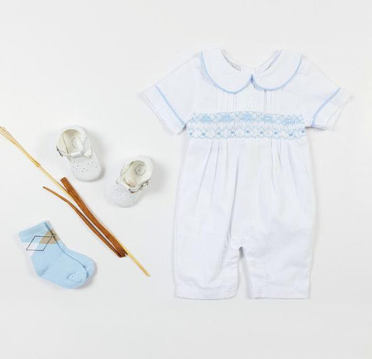 Baby white cotton hand smocked romper J-1541