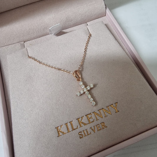 Rosegold medium Cross dimante Pendant And Chain