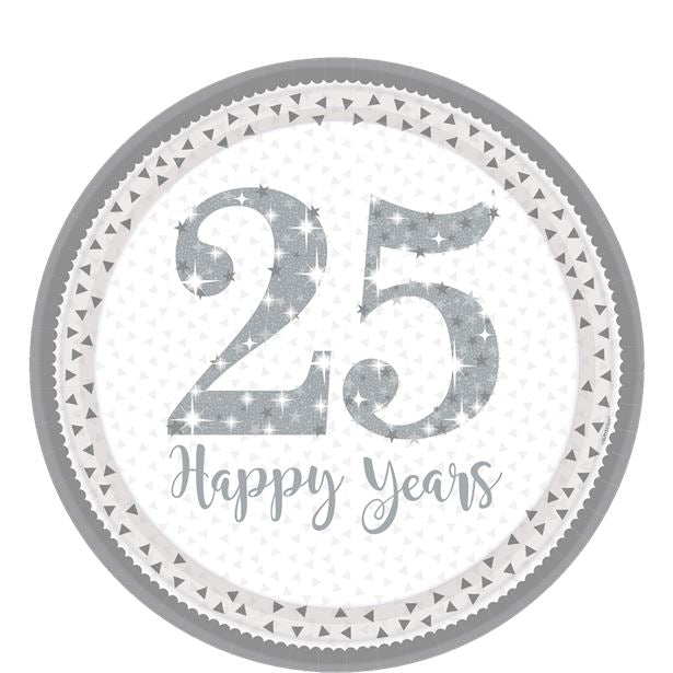 25th Silver Sparkling Wedding Anniversary Plates - 23cm Paper Plates