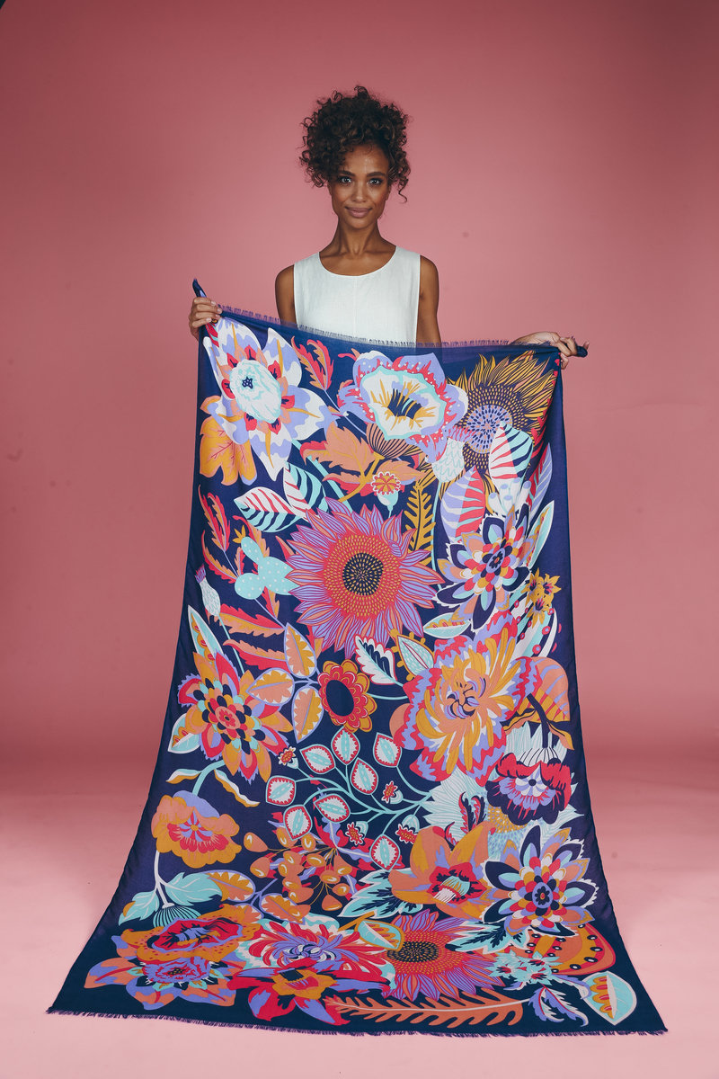 Print Fantasy Floral Scarf - Navy