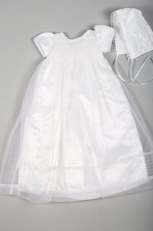 Unisex long christening gown with bonnet - white 8202