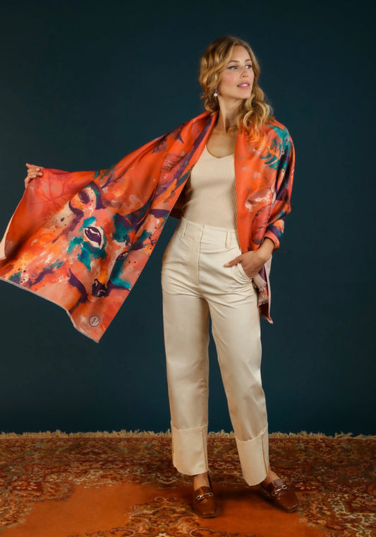 Luxurious Tangerine Floral Stag Scarf