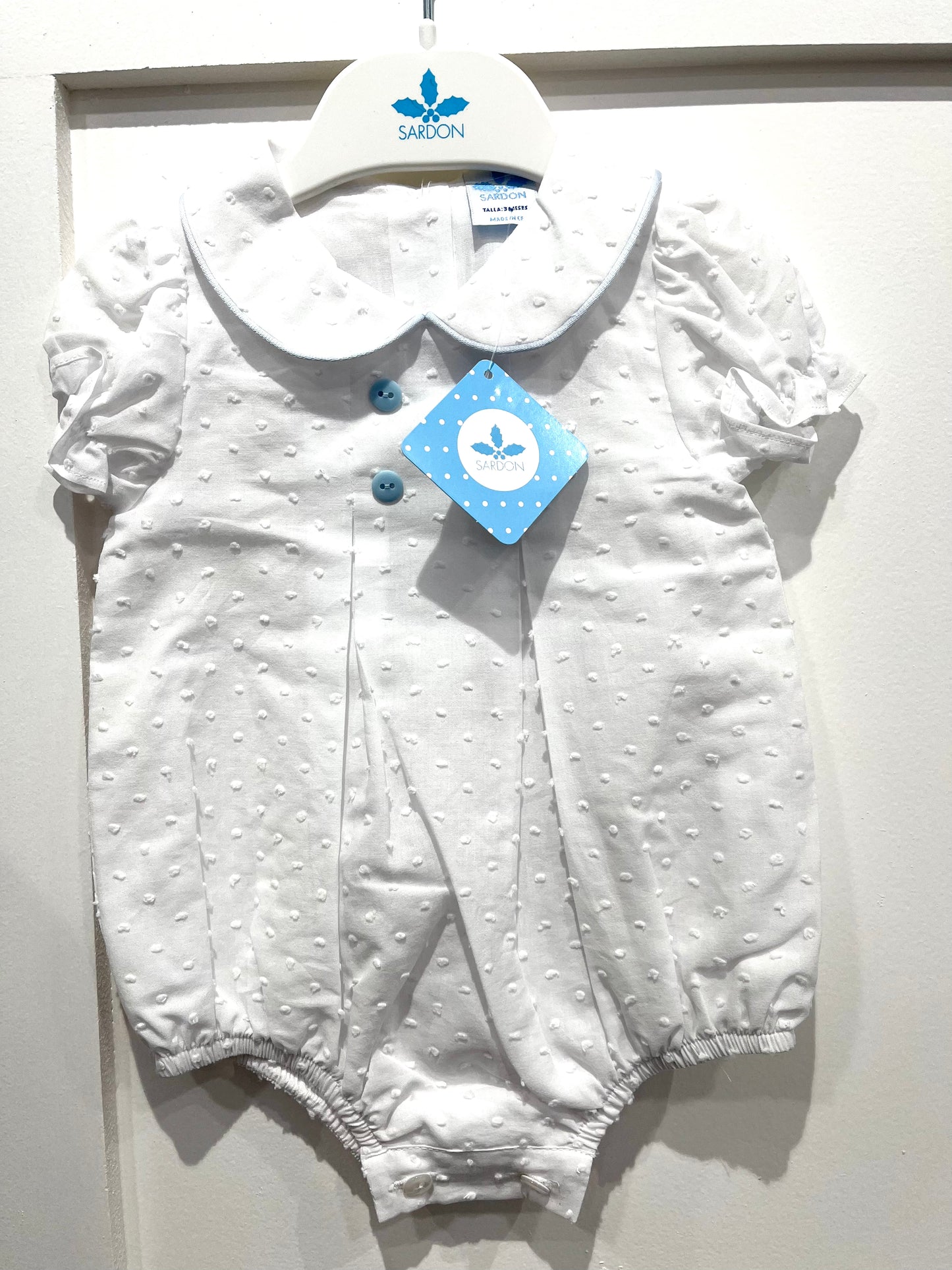 White Boys Christening Romper - blue buttons