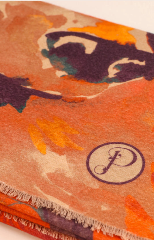 Luxurious Tangerine Floral Stag Scarf