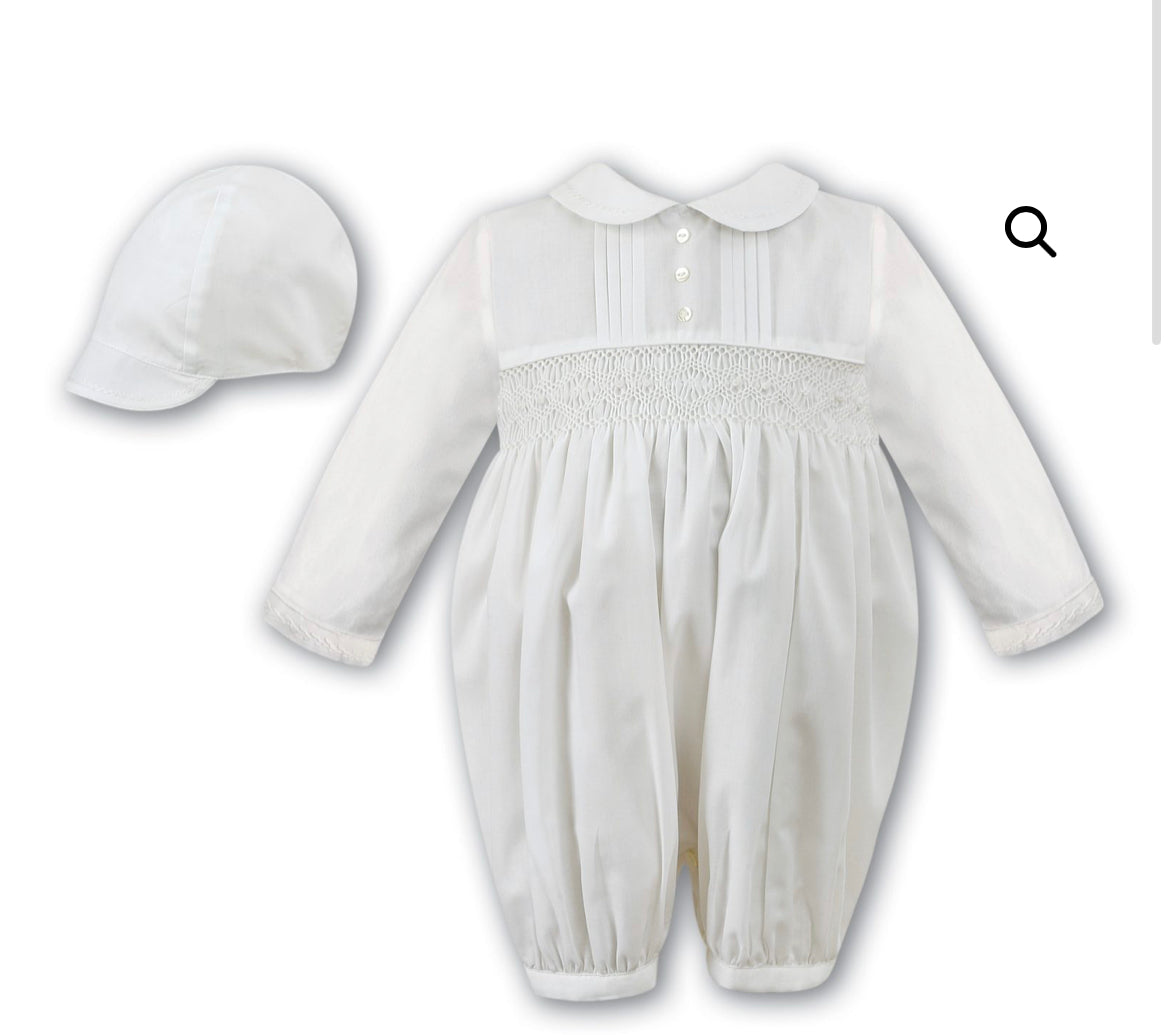 Sarah Louise 002200L Boys Smocked Romper & Cap IVORY