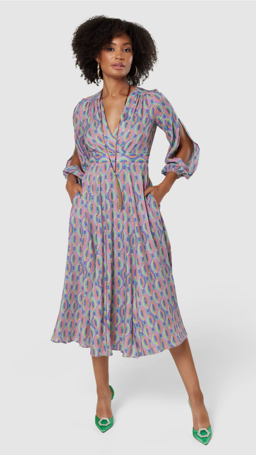 CLOSET LONDON PURPLE MULTI FULL SKIRT WRAP MIDI DRESS