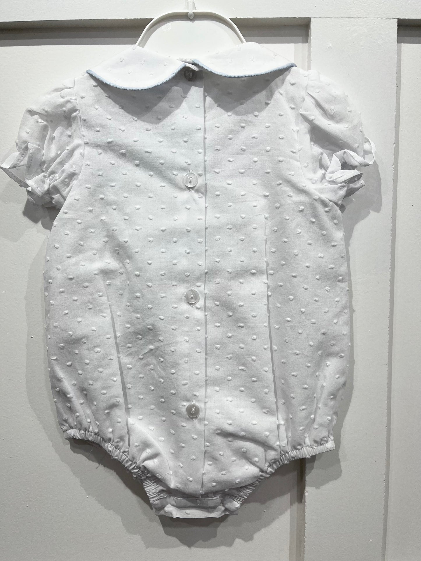 White Boys Christening Romper - blue buttons