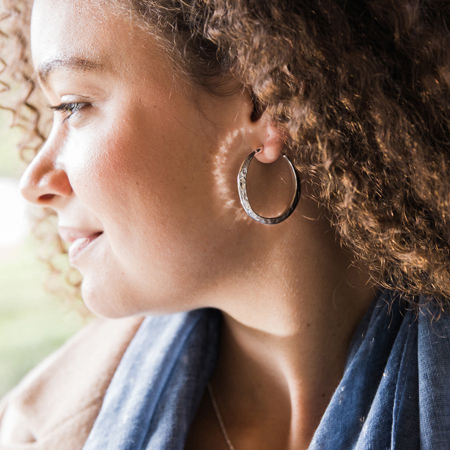 Silver plated irregular hammered open hoop earrings