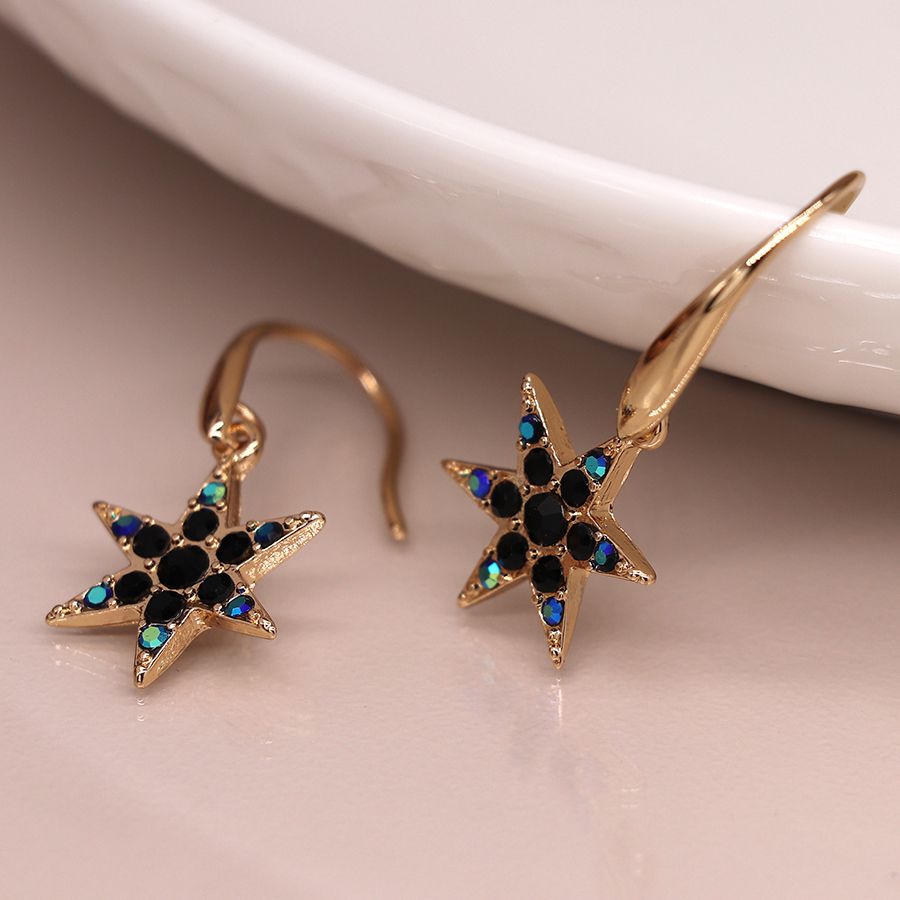 Gold star and black crystal drop earrings