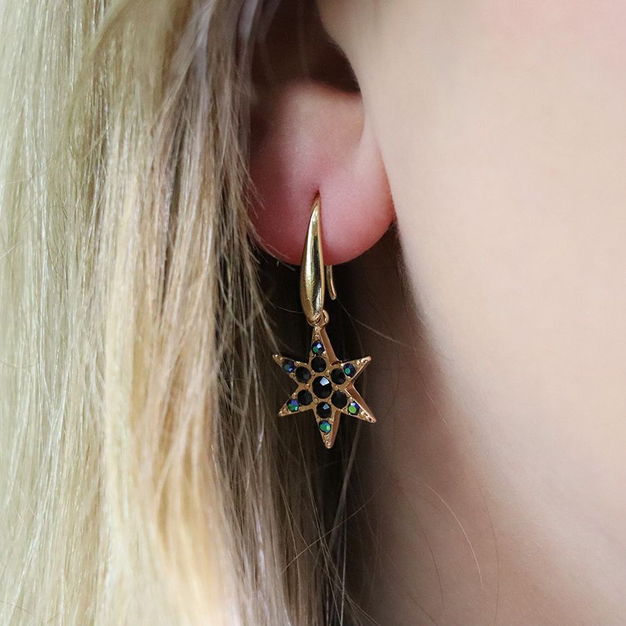 Gold star and black crystal drop earrings