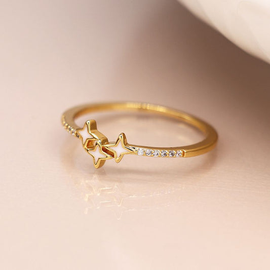 Gold plated crystal ring with enamel triple stars Sm/Med